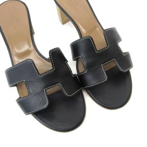 HERMES オラン サンダル ミュール Hモチーフ レザー 黒 ブラック 35