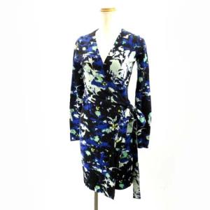 ラップワンピース ドレス 花柄 ブルー ブラック S