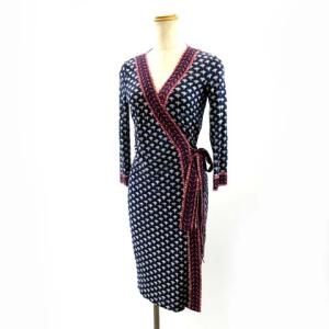 ラップワンピース ひざ丈 和柄 シルク ピンク ネイビー 0 S