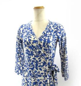 シルクワンピース ドレス ひざ丈 リーフ柄 ブルー アイボリー 0 S