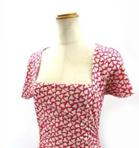 ワンピース ドレス ひざ丈 シルク ストレッチ 総柄 ピンク 2 M 