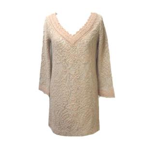 ワンピース ひざ丈 長袖 ニット レース ウール ベージュ Vネック 36