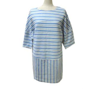 ワンピース ひざ丈 7分袖 七分袖 ドルマンスリーブ ニット ボーダー ストライプ 34 ブルー