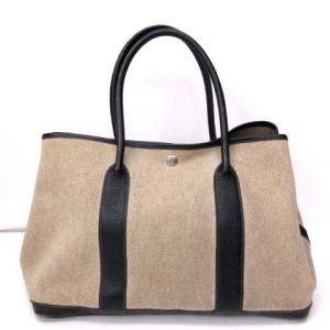 HERMES ガーデンパーティPM ハンドバッグ レザー キャンバス C刻印 ベージュ ブラック