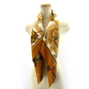 HERMES 美品 カレ90 スカーフ CHOCS EN PLUMES 羽飾りの激突 騎士 馬 オレンジ ブラウン