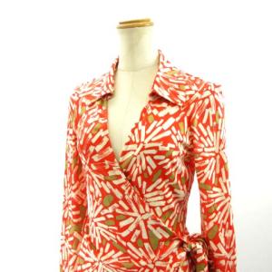 ラップワンピース シルク ひざ丈 総柄 レッド ブラウン 6 M