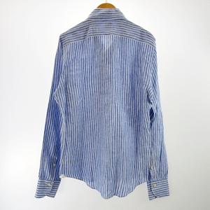 Finamore リネンシャツ ストライプ ホリゾンタルカラー オープンカラー 長袖 イタリア製 ブルー  
 14 1/2
