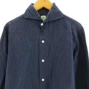 Finamore ストライプシャツ 長袖 ホリゾンタルカラー イタリア製 コットン リネン ネイビー S