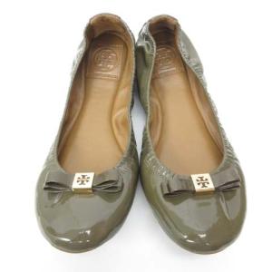 TORY BURCH バレエシューズ フラットシューズ Tロゴ リボン カーキ ブラウン 7.5M 約24cm
