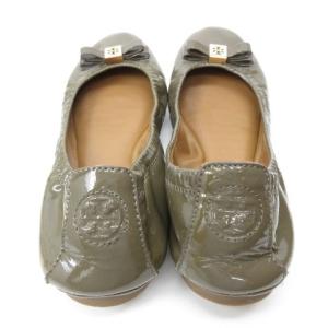 TORY BURCH バレエシューズ フラットシューズ Tロゴ リボン カーキ ブラウン 7.5M 約24cm