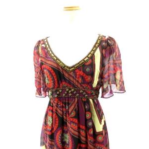 GRACE CONTINENTAL シルクワンピース ロングドレス スタッズ エスニック柄 ブラウン パープル 36 約S