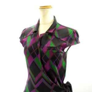 ドレス ラップワンピース シルク ひざ丈 和柄 総柄 パープル グリーン 6 M