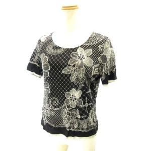 FASHION カットソー 半袖 クルーネック ロゴプリント 花柄  ブラック M
