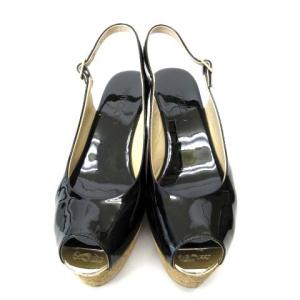 JIMMY CHOO ウェッジソールサンダル コルクヒール パテントレザー ブラック 38 約25cm