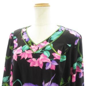 LEONARD FASHION 花柄カットソー Vネック 7分袖 42 ブラック