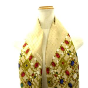 CHANEL スカーフ ココマーク ビジュー ゴールドチェーンプリント ベージュゴールド