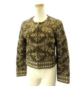 20AW ノーカラージャケット エスニック刺繍 花柄 スパンコール 36 カーキ ブラウン