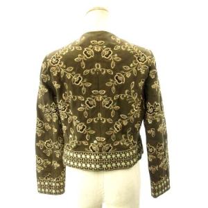 GRACE CONTINENTAL 20AW ノーカラージャケット エスニック刺繍 花柄 スパンコール 36 カーキ ブラウン