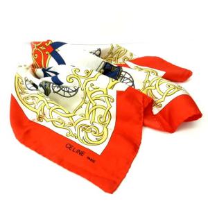 CELINE 大判スカーフ ストール シルク100％ 馬車柄 リボン マカダム レッド ゴールド