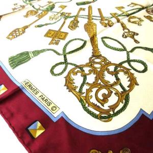 HERMES LES CLES カレ90 スカーフ ストール 大判 鍵柄 キーモチーフ シルク 赤