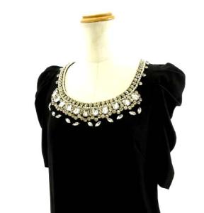 ビジューワンピース ドレス パフスリーブ ブラック 38 M IBO22