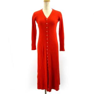 20SS ロングワンピース リブニット ロングカーディガン パールボタン レッド 36 S IBO22