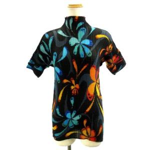 ハイネック プリーツプルオーバー 花柄 黒 ブラック マルチカラー 02