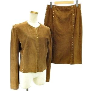 マカダム スタッズ スウェード カウレザー セットアップ ノーカラー ジャケット ブルゾン スカート ミディ丈 ブラウン 茶