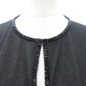LEONARD FASHION シアーカーディガン ボレロ ラインストーントリミング 長袖 透け感 ブラック M
