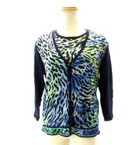 FASHION アンサンブル ツインニット カットソー カーディガン レオパード柄 ネイビーブルー L