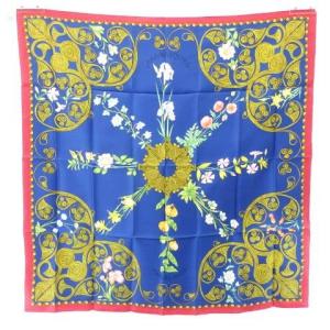 タグ付き カレ90 ARABESQUES スカーフ 総柄 シルク100％ ブルー レッド 89.5 87.5