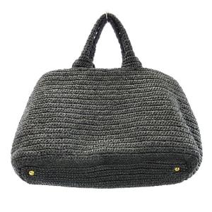 PRADA ラフィア トートバッグ 三角プレート ロゴ かごバッグ ストロー素材 ゴールド金具 ブラック