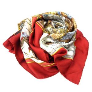 Salvatore Ferragamo 大判スカーフ ストール アニマル シルク ブラウン レッド 86.5cm×88.5cm WY