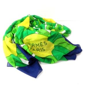 HERMES 大判ストール ショール パレオ カレ140 コットン レモン プリント グリーン ブルー 約142cm x 170cm