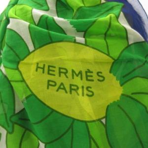 HERMES 大判ストール ショール パレオ カレ140 コットン レモン プリント グリーン ブルー 約142cm x 170cm