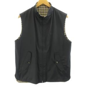 リバーシブルベスト ジャケット ノースリーブ ロゴ刺繍 チェック ネイビー ブラウン Mサイズ IBO26