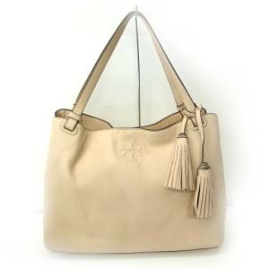トートバッグ ショルダーバッグ Tロゴ タッセル レザー シボ革 通勤 ベージュ