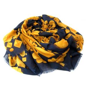 LANVIN 大判ストール マフラー ショール 花柄 ウール100％ ネイビー オレンジ