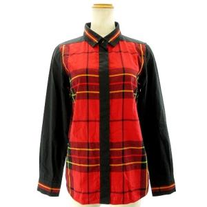 BLUE LABEL CRESTBRIDGE シャツ ブラウス カットソー 長袖 フライフロント チェック柄 ブラック レッド 38