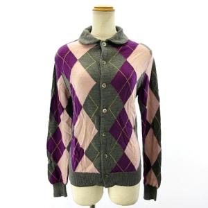 アーガイル 襟付き カーディガン チェック ウール パープル グレー ピンク フリーサイズ