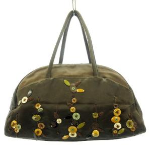 PRADA レザーチャーム ハンドバッグ ポシェット 刺繍 プレートタグ パテントレザー ブラウン