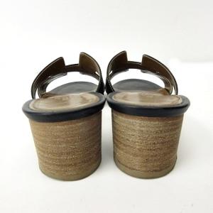 HERMES オアジス サンダル カーフレザー ヒール Hロゴ 35 ブラウン ブラック