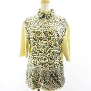 シルク切り替え コットン ポロシャツ カットソー 半袖 アニマル 動物柄 クリーム ホワイト系 M