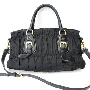 PRADA BN1407 ギャザーハンドバッグ 2WAY ナイロン レザー ゴールド金具 ブラック