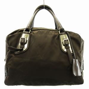 PRADA ナイロン ハンド ショルダーバッグ レザータグ シルバー金具 南京錠 チャーム ブラウン系 WY