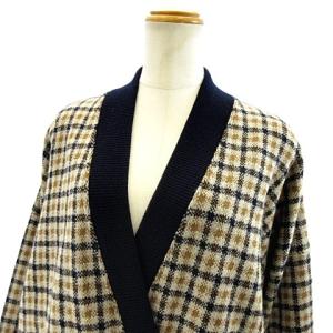 Aquascutum 美品 ヴィンテージ ダブル カーディガン チェック ウール ベージュ ネイビー 40 約M STK