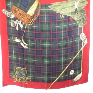 ヴィンテージ スカーフ シルク100％ ゴルフクラブ ブラックウォッチ チェック グリーン レッド