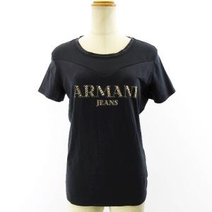 ビジュー装飾 ロゴデザイン Tシャツ カットソー 半袖 メッシュ切替 ストレッチ ネイビー