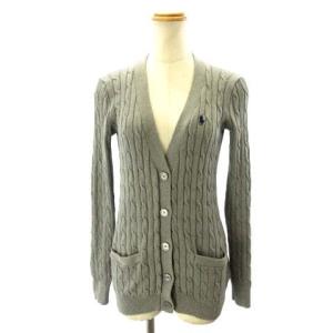 カーディガン ケーブルニット 長袖 ポニー刺繍 Vネック コットン グレー