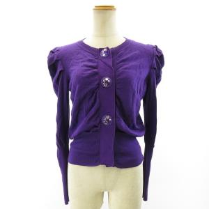 ビジューボタン パフショルダー カーディガン 長袖 ストレッチ ウール アクリル パープル 38